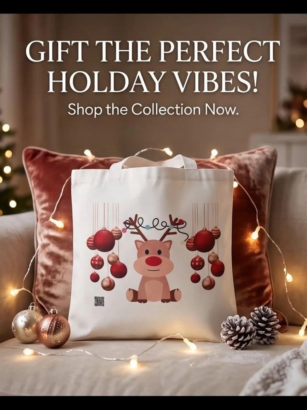 Canvas Holiday Reindeer Tote Bag  With Music When You Scan Qr On Bag,Cream